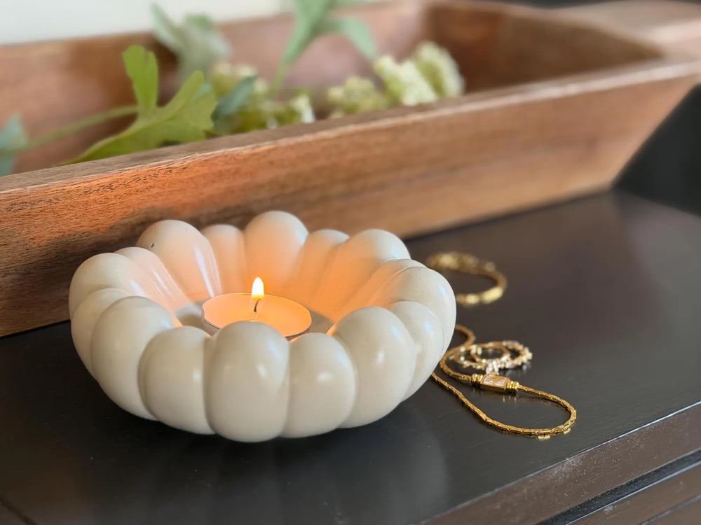 Concrete scalloped bowl candle holder